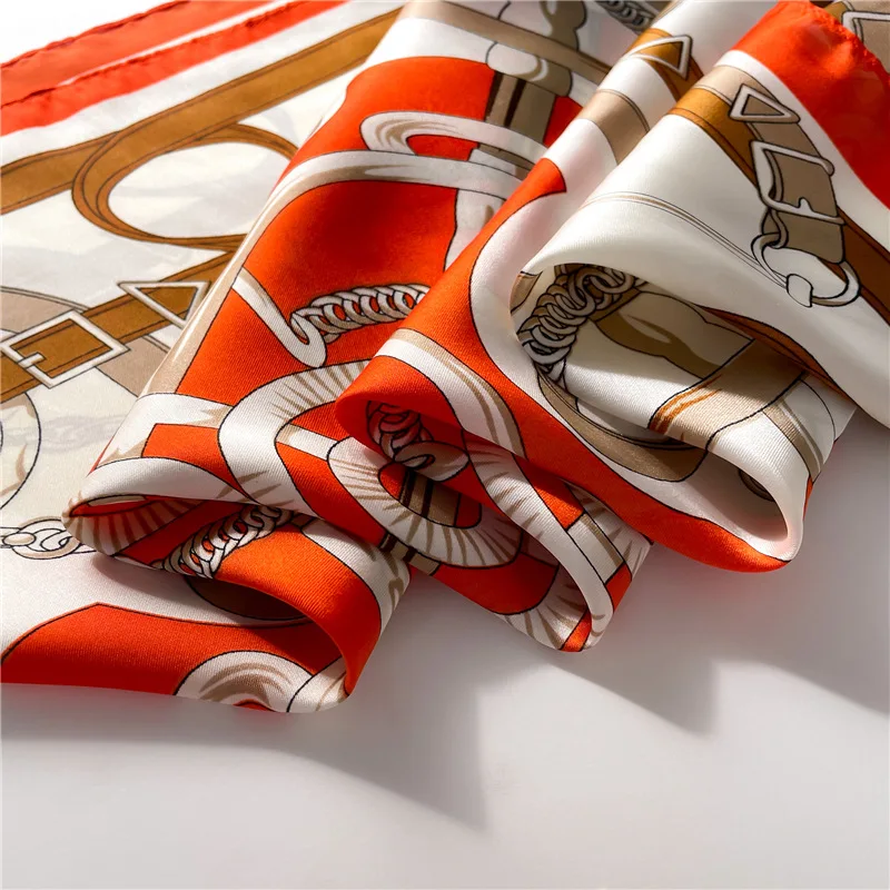 Fashion ladies luxury designer logo printed silk square scarf with chain pattern 70*70cm silk small handkerchief hair scarf