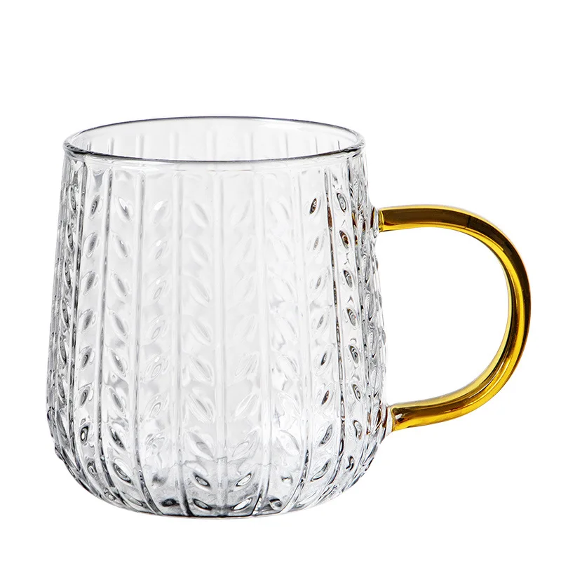 Hammer Grain Glass Cup Gold Handle Handblown High Borosilicate Glass Mug With Bamboo Lid