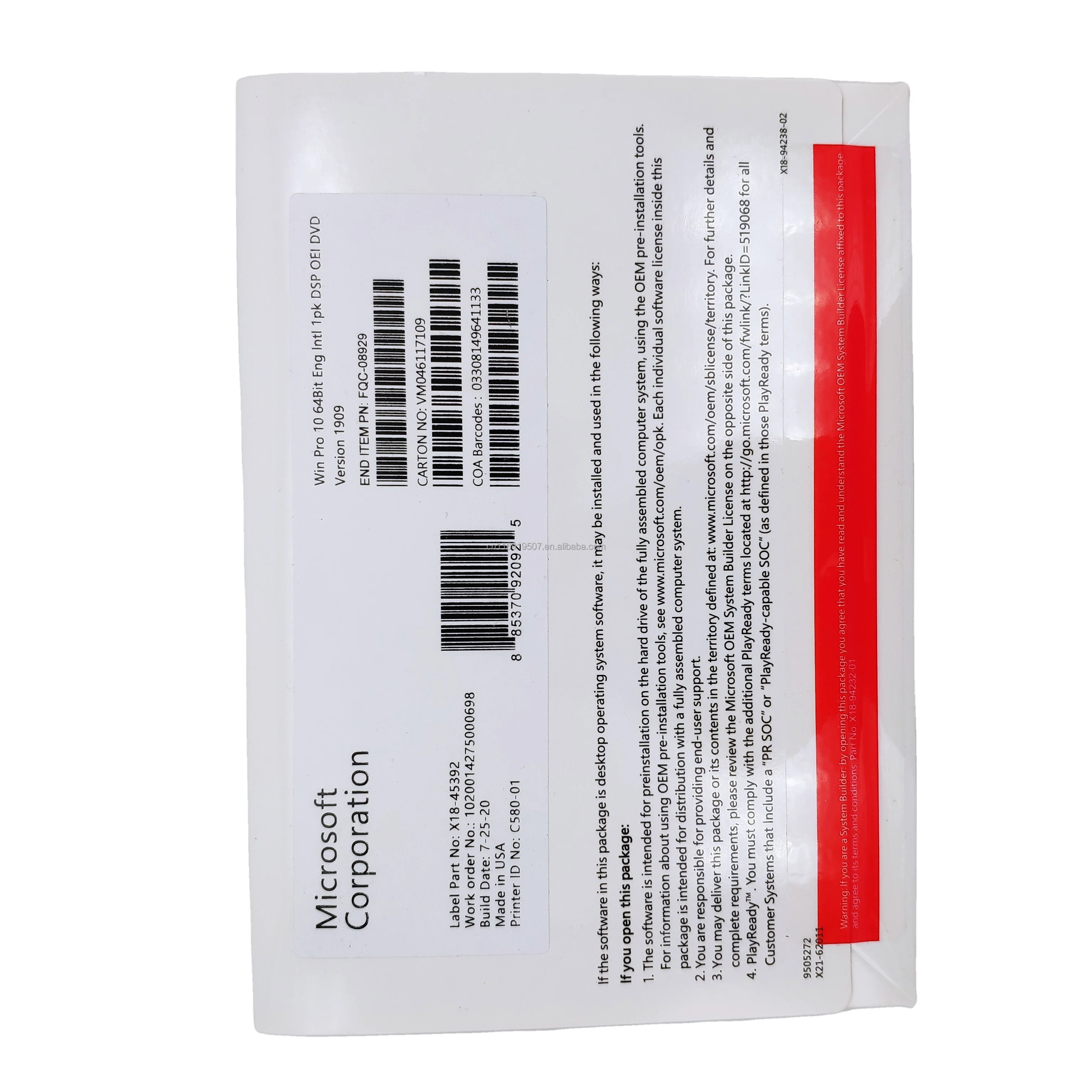 Профессиональная лицензия на ключи от оригинального производителя Win 10, глобальная онлайн-активация, DVD, английская версия для Microsoft Windows 10 Pro Key