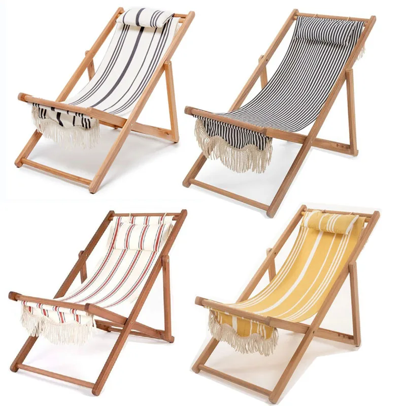 Custom Australia Europe Outdoor Premium Wooden Beach Sling Chair with Cotton Fringes, Vintage Folding Armless Patio Sun Lounger