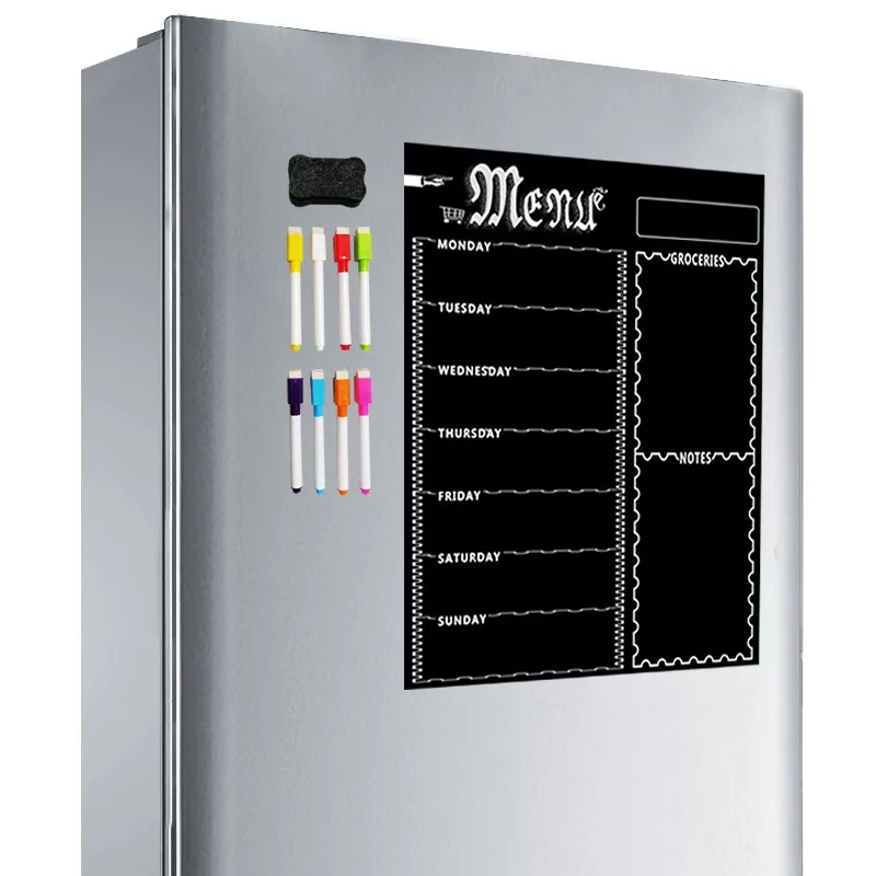 custom Magnetic Menu BLACK Board Fridge with 4 Liquid Chalk Markers, magnetic black weekly planner Easy to Write
