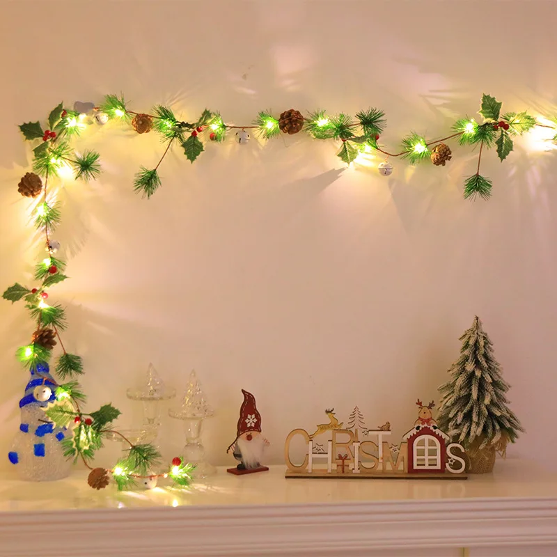 2024 New A mazon led Christmas rattan string light long pine cone pine red fruit bell garland shopping mall decorative lights