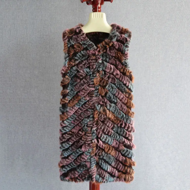 Rabbit hair woven vest pure hand-woven colorful rabbit  medium long fur vest