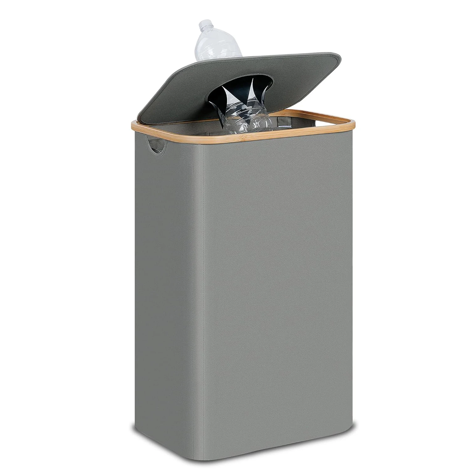 100L Bamboo Grey Kitchen Recycling Bin Deposit Bottle Storage Bottle Collection Container with Lid Removeable Inner Bag