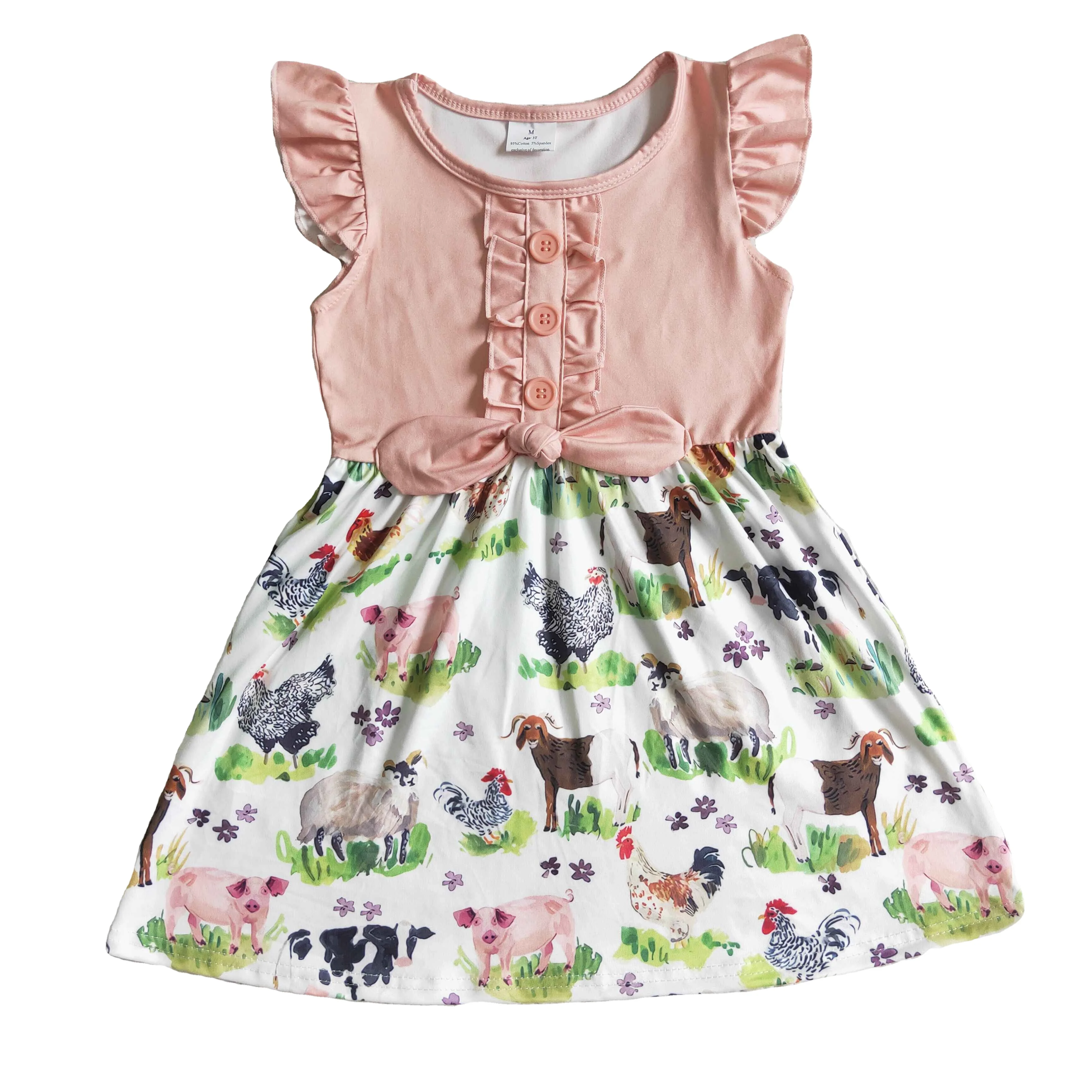 girl summer farm style flutter sleeve frock children short sleeve dress with bow-knot