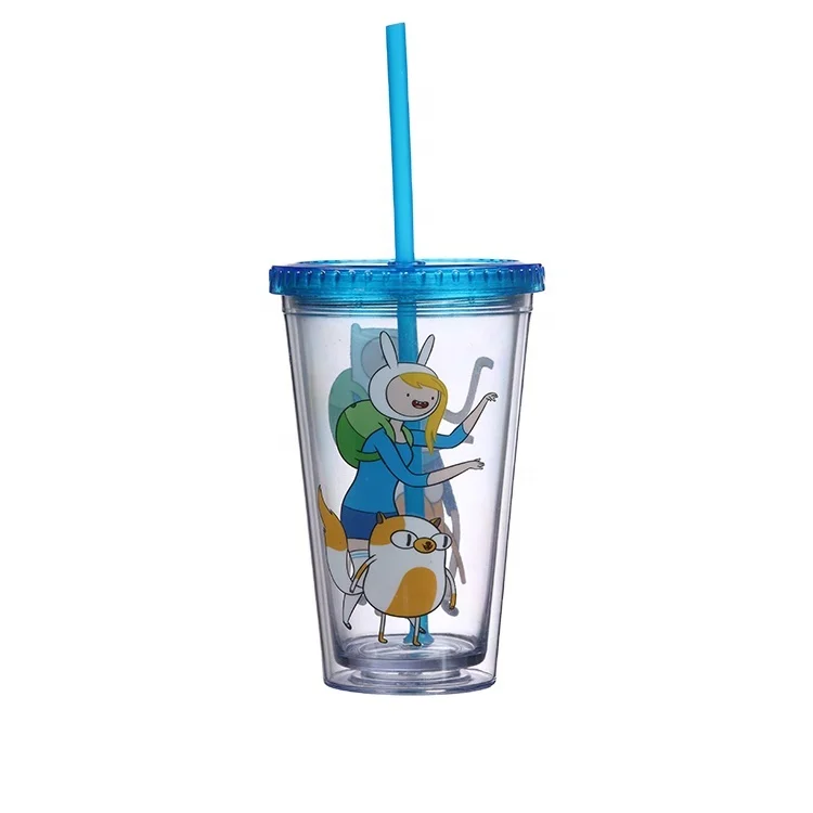 Drinking Cup with Straw Double Wall Cartoon Plastic 500ml Travel Mugs Support Cold Water Fly Cup with Lid All-season CN;ZHE