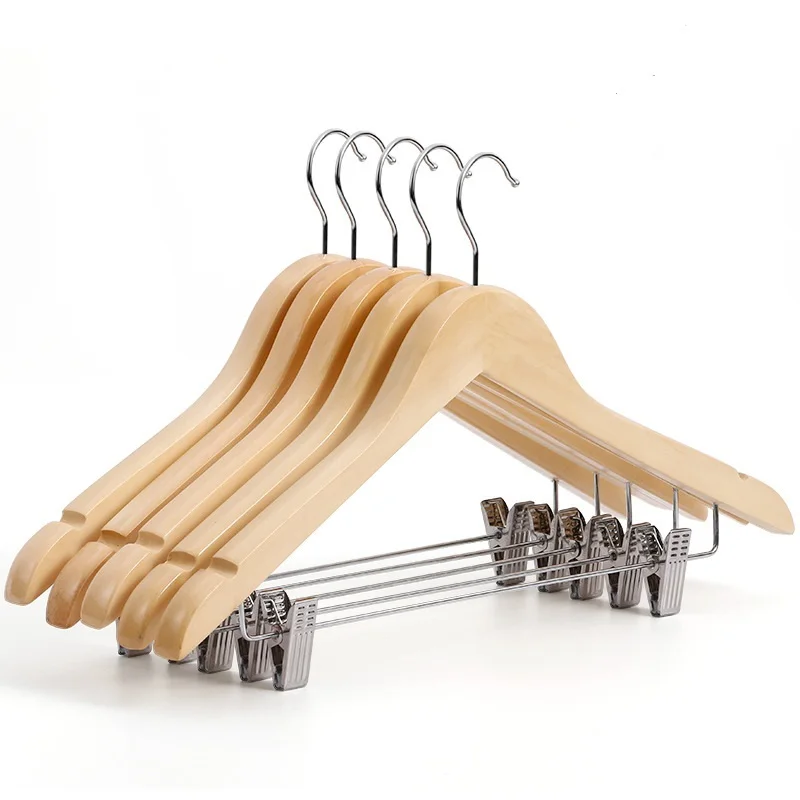 Factory wholesale Multifunctional solid wood pants hangers household with clip no trace hanger for shopping mall