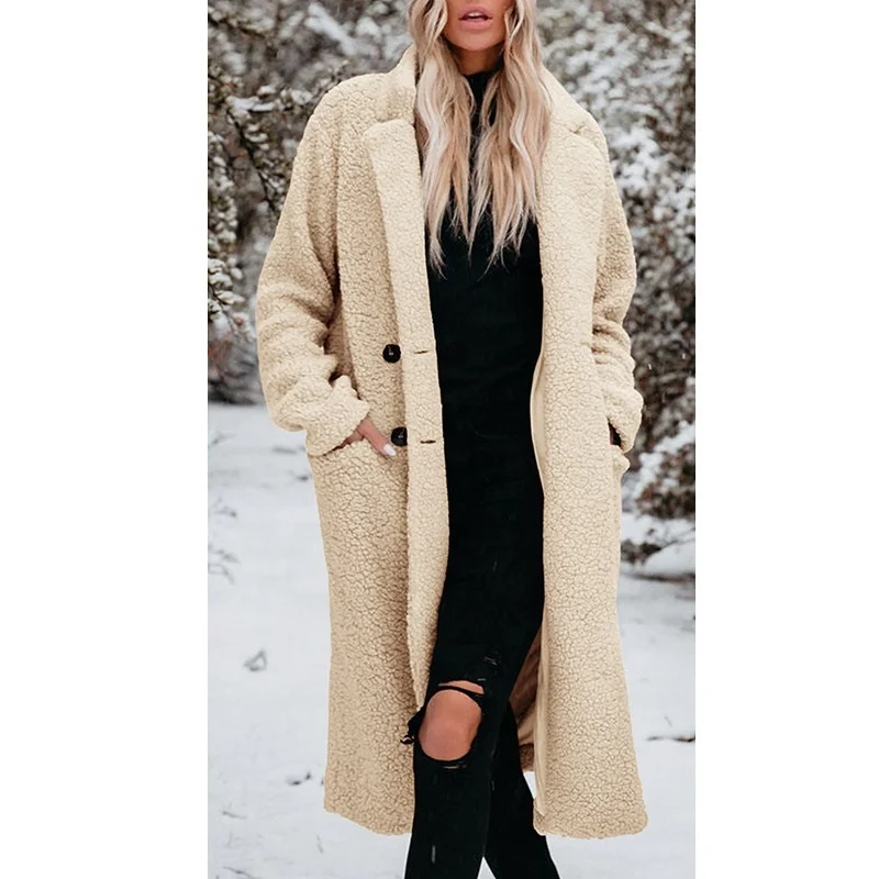 Custom Color Blue Black Wine Red Plush Fleece Double Breasted Long Coat Women Fashion Clothing Lapel Collar Jacket With Pocket