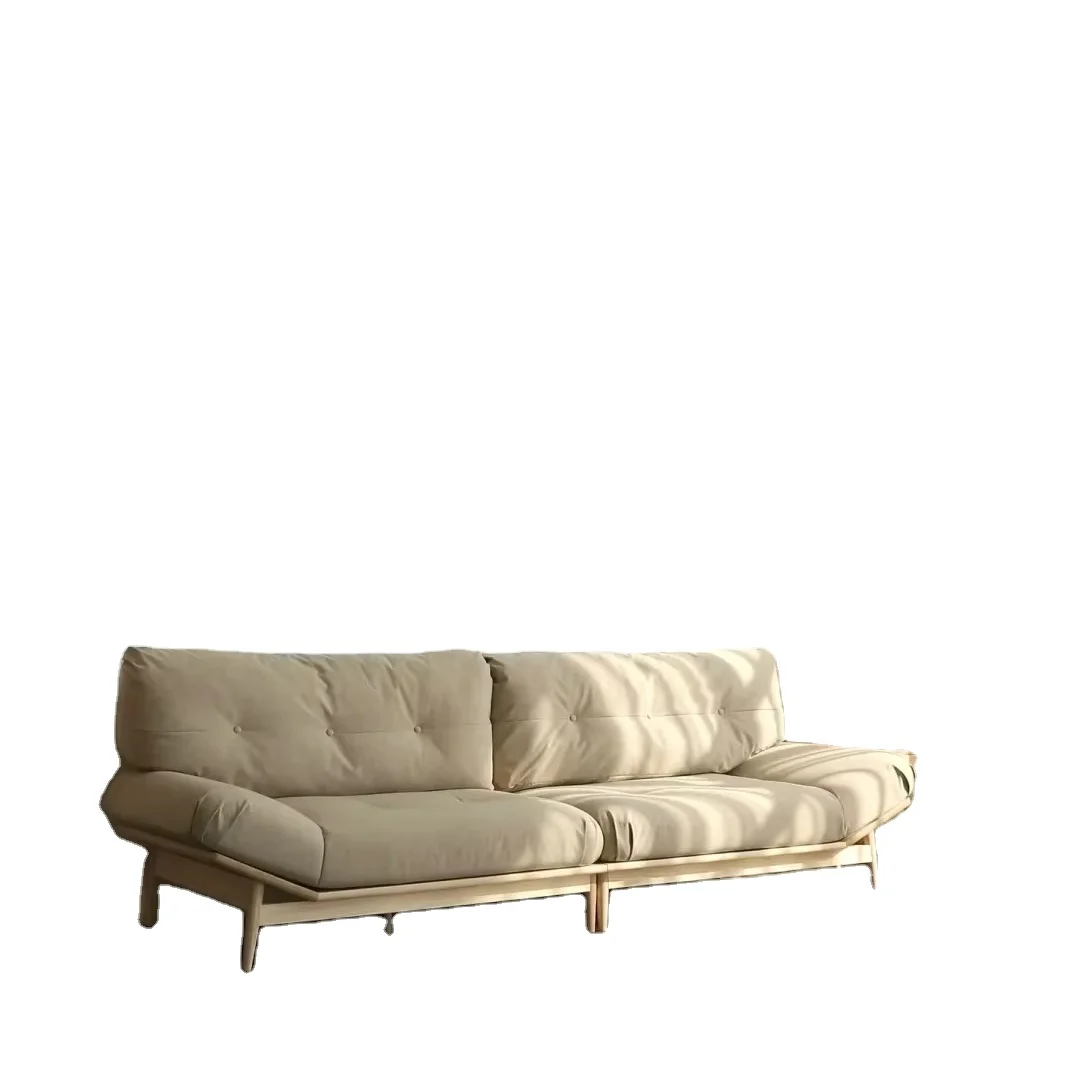 Solid Wood Elephant Ear Fabric Beancurd Block Ash Sofa Set for Hotel Small Japanese Apartment Hospital Inspired Log Living Room