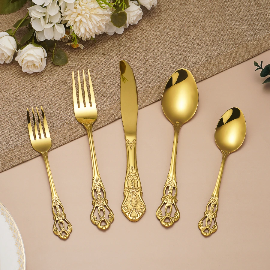 Elegant Vintage Silverware Stainless Steel Flatware Mirror Polish Spoon Fork Knife Gold Cutlery Set For Wedding