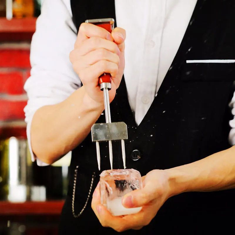 Ice Chipper Trident Bar Accessories Chiseling Ice Hockey Balls Kitchen Tool Stainless Steel Ice Pick with Wooden Handle