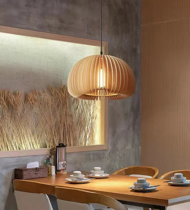 Kitchen Decorative E27 Hanging Lamp Dining Room Pumpkin Shade Bamboo Pendant Lamp Hotel Cheap Nordic Modern Wood Pendant Light