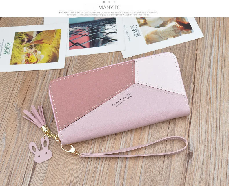 New ladies  long  style contrast color stitching zipper tassel large capacity wallet mobile phone bag wallets for women