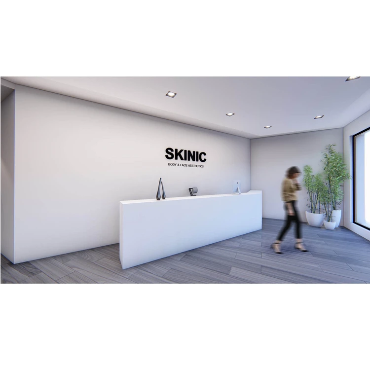 Top Design Style Pure White Corian Acrylic Solid Surface Reception Desk Luxury L Shape 2 Person Stone Service Counter