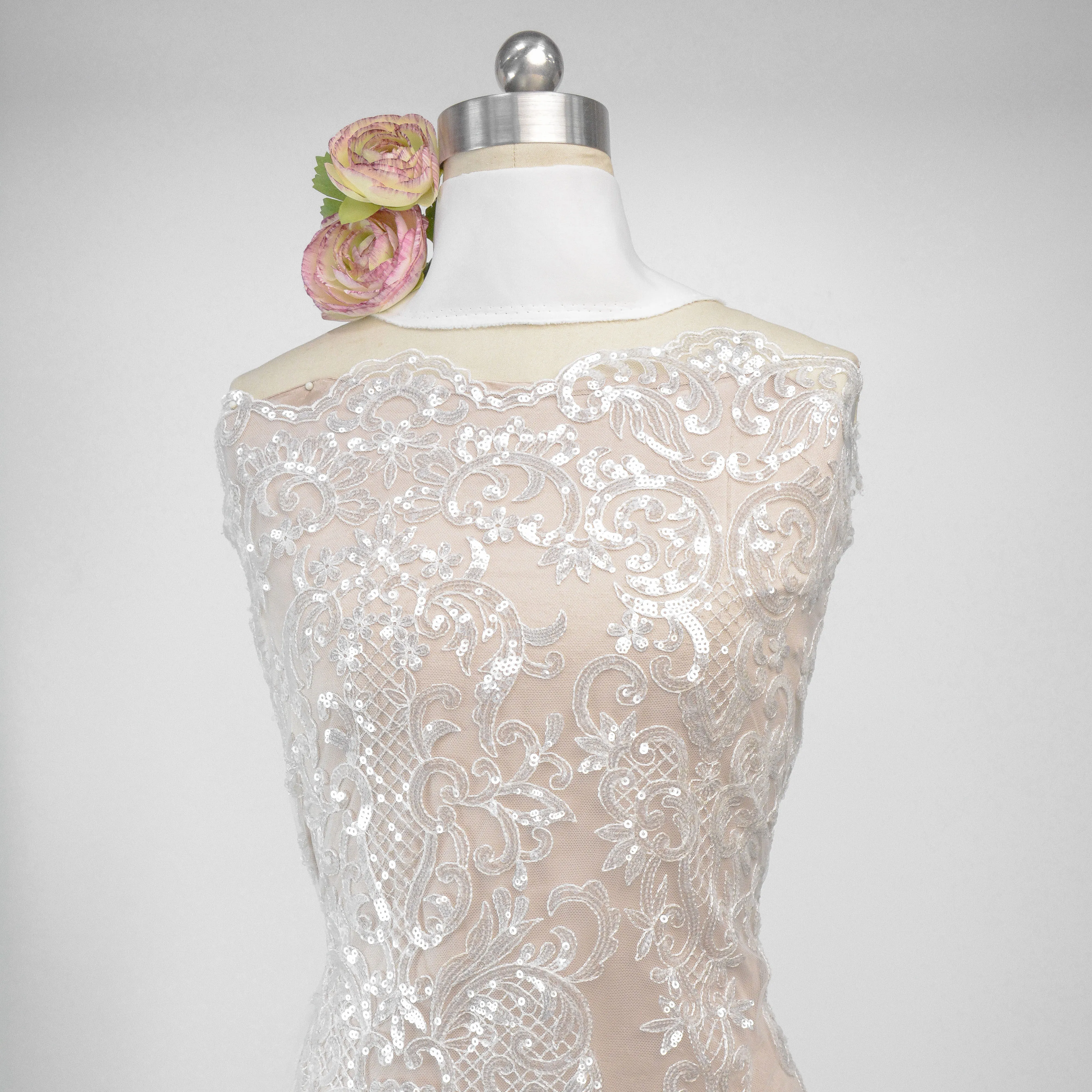 Best selling bridal veil lace applique stretch sequins fabric embroidery white