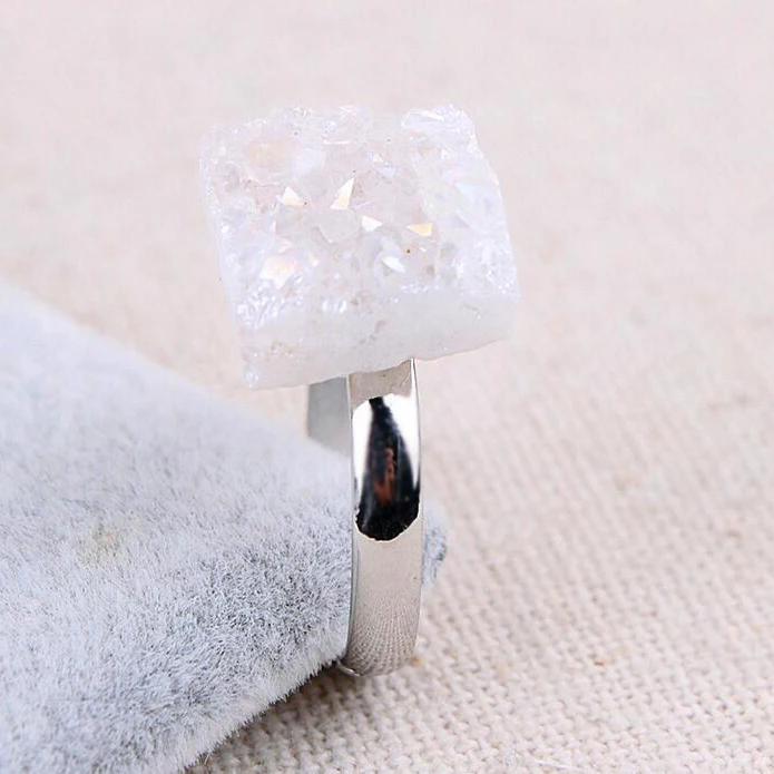 Fashion Accessories Jewelry Open square Crystal Natural Stone Druzy Ring Adjustable Gemstone Rings