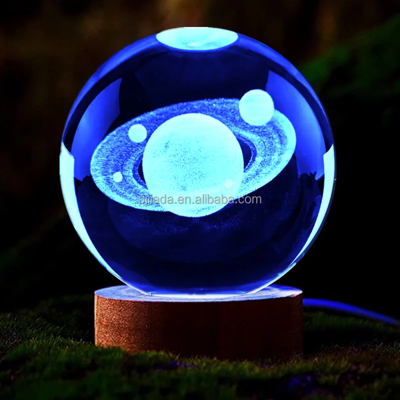 Crystal Ball Small Light Night 3D Engraved Axolotl Rose Moon Planet Galaxy Glass Ball with Wood Led Light for Home Decor