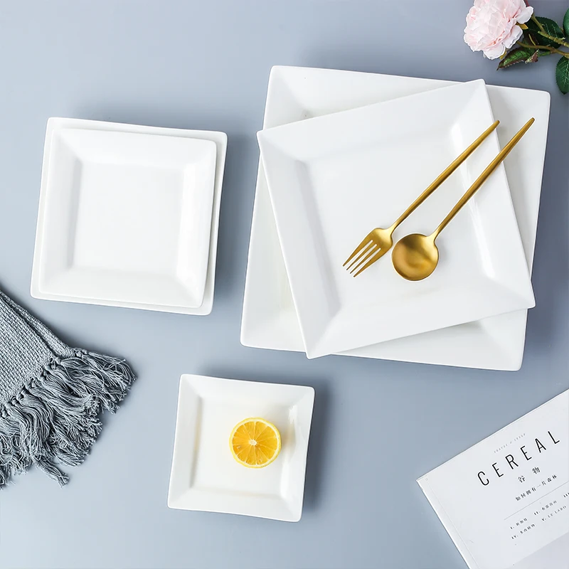 Pure White Ceramic Cuisine Square Pasta Tray Sushi Dinner Plate Household Bone China Tableware