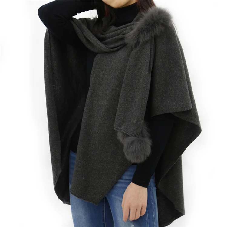 
Best design ladies luxury fur shawl with fox fur trim women wool cape 