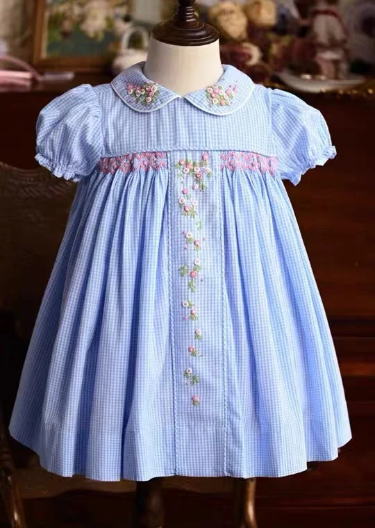 Organic Cotton Embroidery 2-12 Children Clothing Short Sleeve Skirt Plaid Pattern Princess Summer Kids Flower Girl Dresses