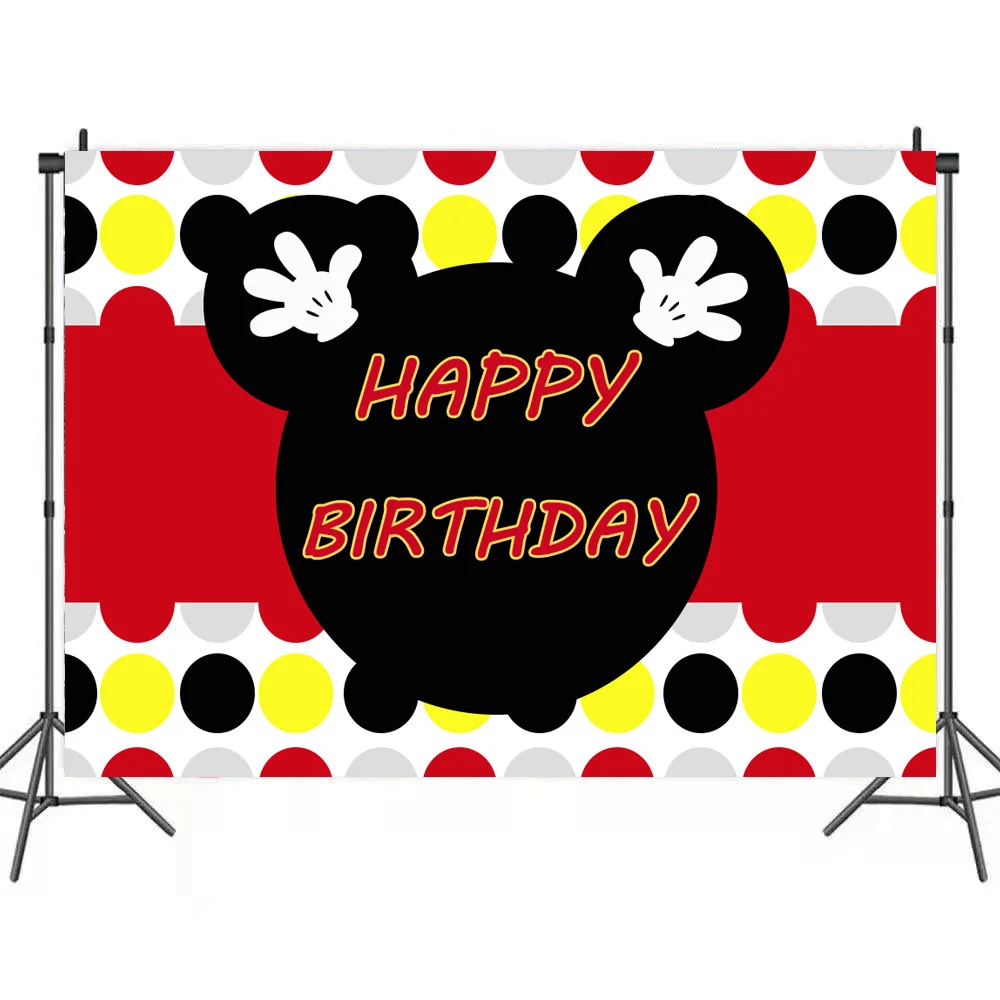 Custom Wholesale Cute Mouse Party Decorations Banner Black Red Yellow Happy Birthday Party Photo Backdrop Photography Background