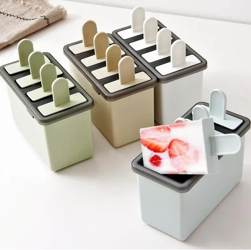 Food Safe Silicone Ice Cream Molds 4 Cell Frozen Ice Cube Molds Popsicle Maker DIY Homemade Freezer Lolly Mould With Free Sticks