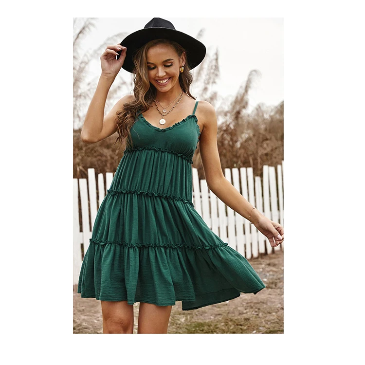 
 Соблазнительные повседневные однотонные юбки до колена с V-образным вырезом и оборками без рукавов, Повседневные Вечерние платья для девочек  