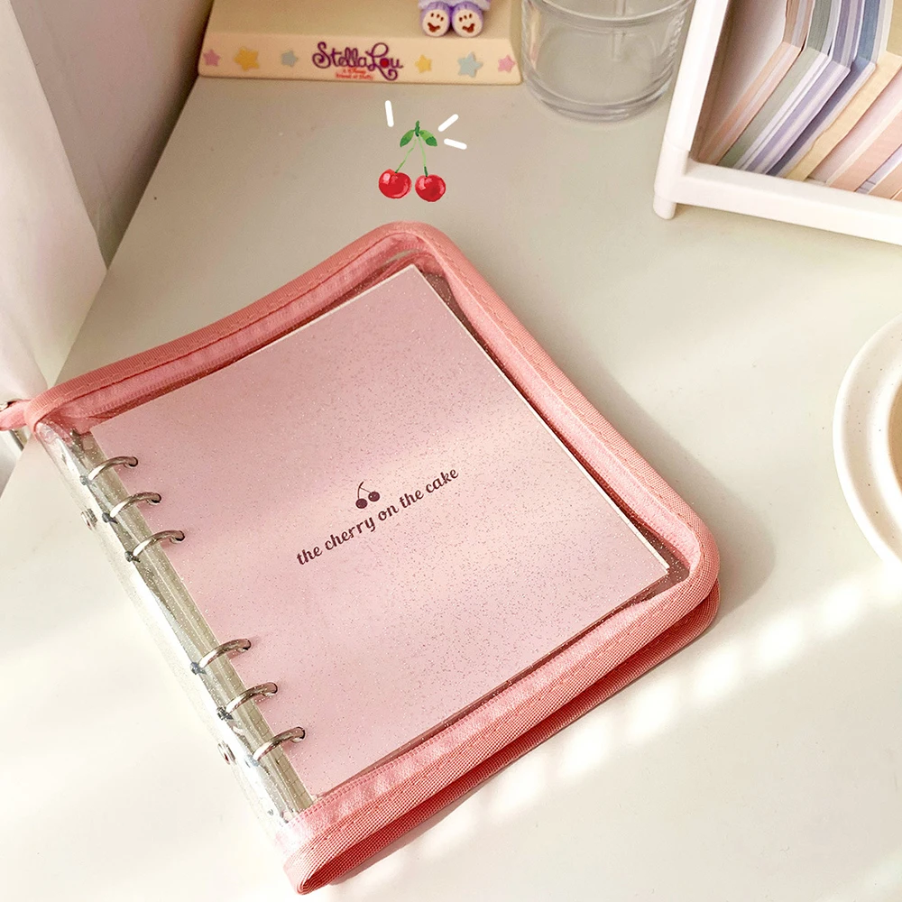 Glitter Shiny Cover PVC Transparent Zipper Binder 6 Ring Loose Leaf Notebook with 80 Sheets Inner Pages