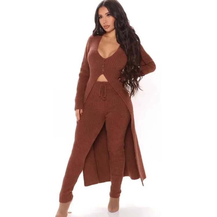 warm it up  Sweater legging set Twinset cardigan Robe button Knitted rib legging High Quality 2 pieces  knitted sweater suits