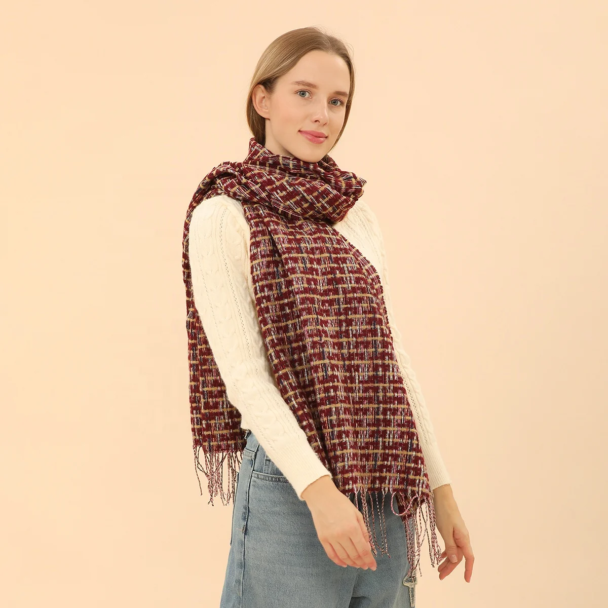 Fashion Plaid Print Soft Luxurious Viscose Ladies Ethnic Scarves And Shawls