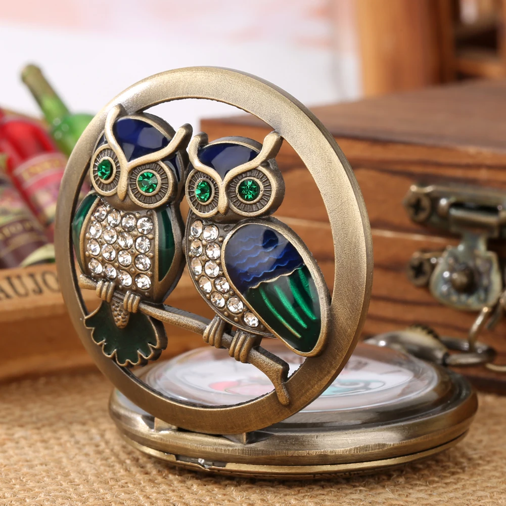 Wholesale Pocket Watch Diamond Encrusted Owl Pendant Watch Vintage Pocket Clock with Chain Christmas Gift Best New Year Gift