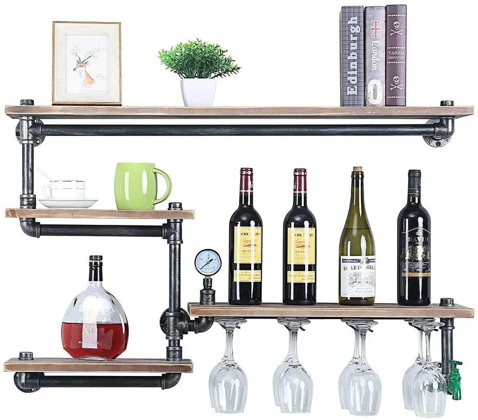 Industrial tube rack wine rack with rod rack, antique metal floating bar rack wall-mounted, farmhouse wall rack kitchen wine