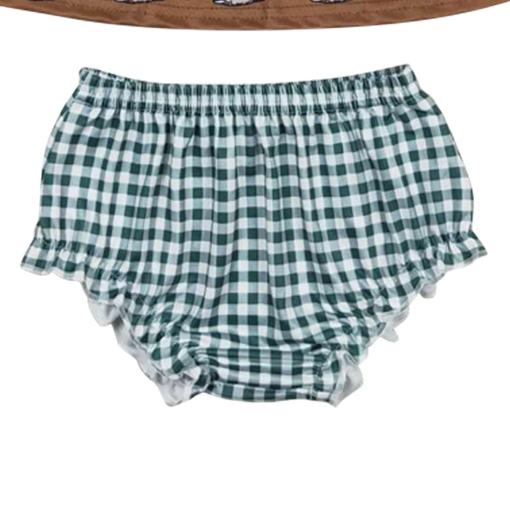 GBO0319 Embroidery Duck dark green check brown short sleeve briefs set high quality baby girls clothes sets newborn clothing