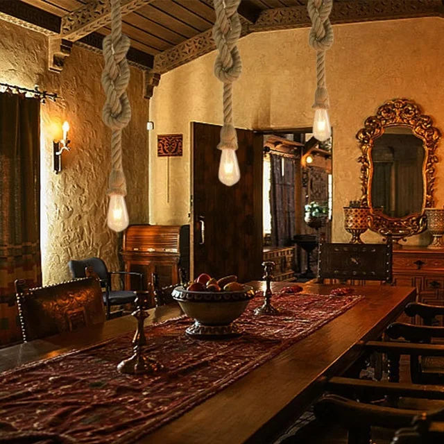 LED Retro Hemp Rope Chandeliers Decorative Lights Vintage LED Light Bulb Industrial Style Hanging Lamp