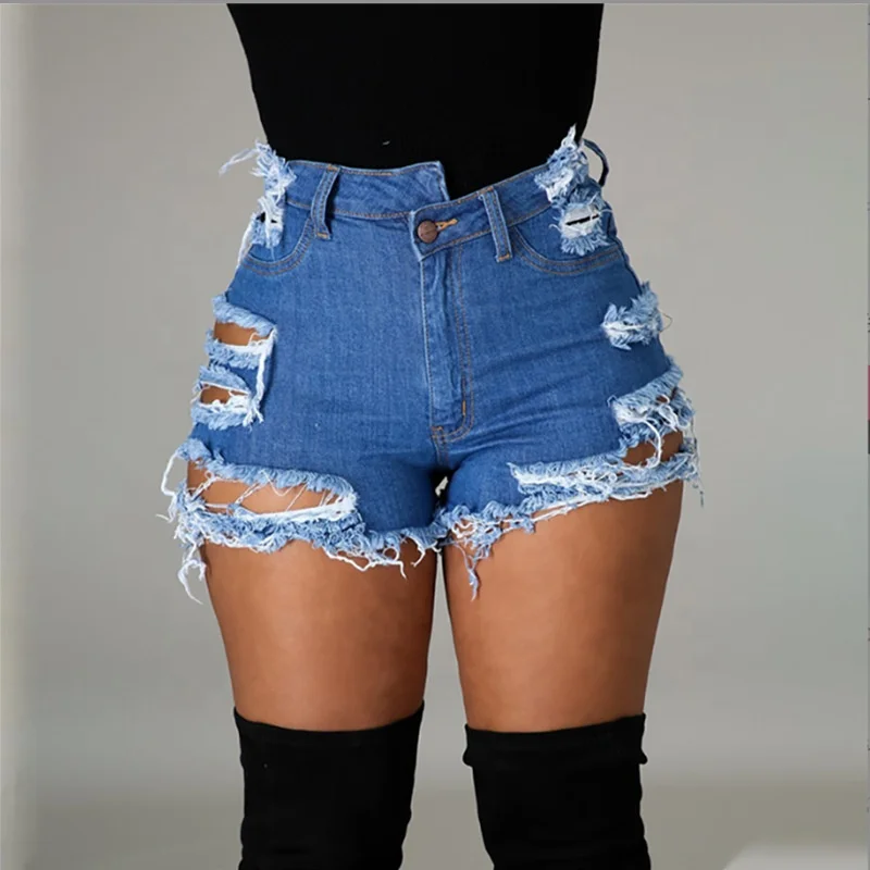 2023 New Arrivals Brocken Hole Women Denim Summer Shorts Bale Zipper Fly Pockets Frayed Raw Ripped Denim Short Jeans for Women