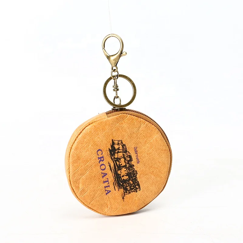 Factory custom mini  coin  purse round shape key bag  brown Tyvek  paper  storage bag waterproof   wallet