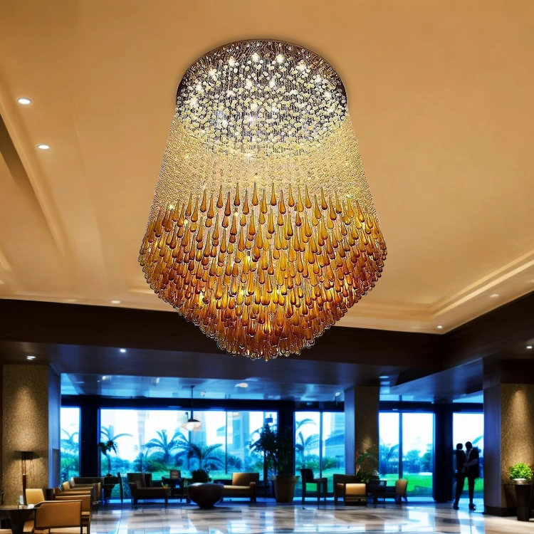 Modern Luxury Duplex Villa Hotel Club Custom Large Size Remote Control Indoor Hanging Glass Stone Crystal Chandelier