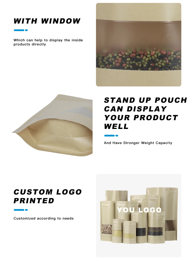 Wholesale Food Grade Waterproof Ziplock Biodegradable Brown Kraft Paper Kraft Stand Up Pouch Snack Food Bag With Printing 100Pcs