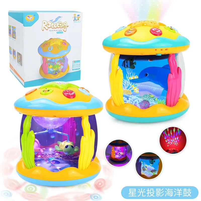 Multi-Functional Cartoon Animal Musical Carousel Music Instrument Hand Drum Toy Ocean Rotating Light up Drum Toys