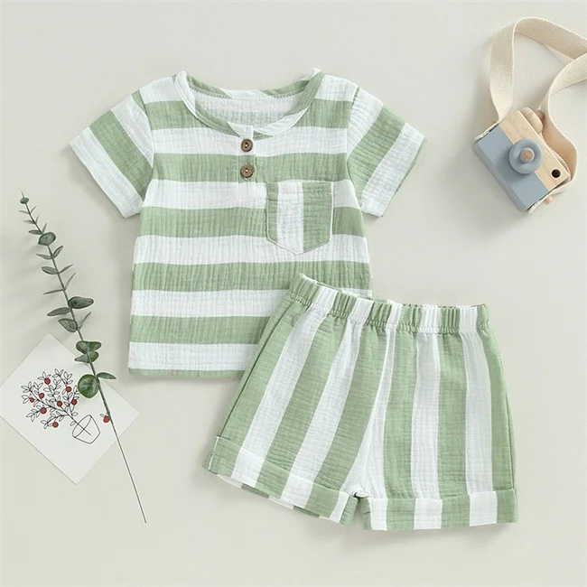 1Pcs Custom Logo RTS Summer Newborn Infant Toddler Boys Girls Clothing Cotton Striped Tee Shorts Pocket Baby Clothes Set