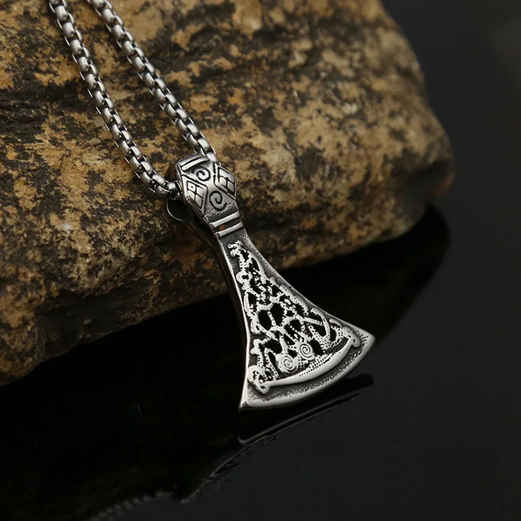 Custom Wholesale  Vintage Viking Design Jewelry Stainless Steel Black Axe Gothic Pattern Mens Pendant Necklace