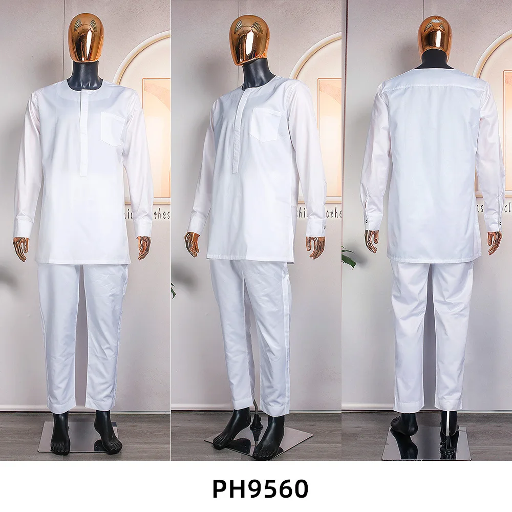 African Clothing For Men Embroidery Bazin Agbada Attire 3 Pieces Sets Dashiki Men Robe For Wedding
