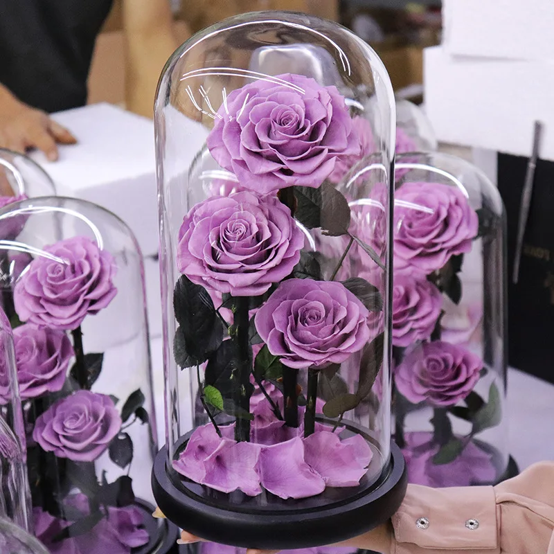 Hot Pure Flower Forever Rose Large Glass Cover Preserved Flower Rose Glass Dome Gift For Her 3pcs Eternal Rose In Glass Dome
