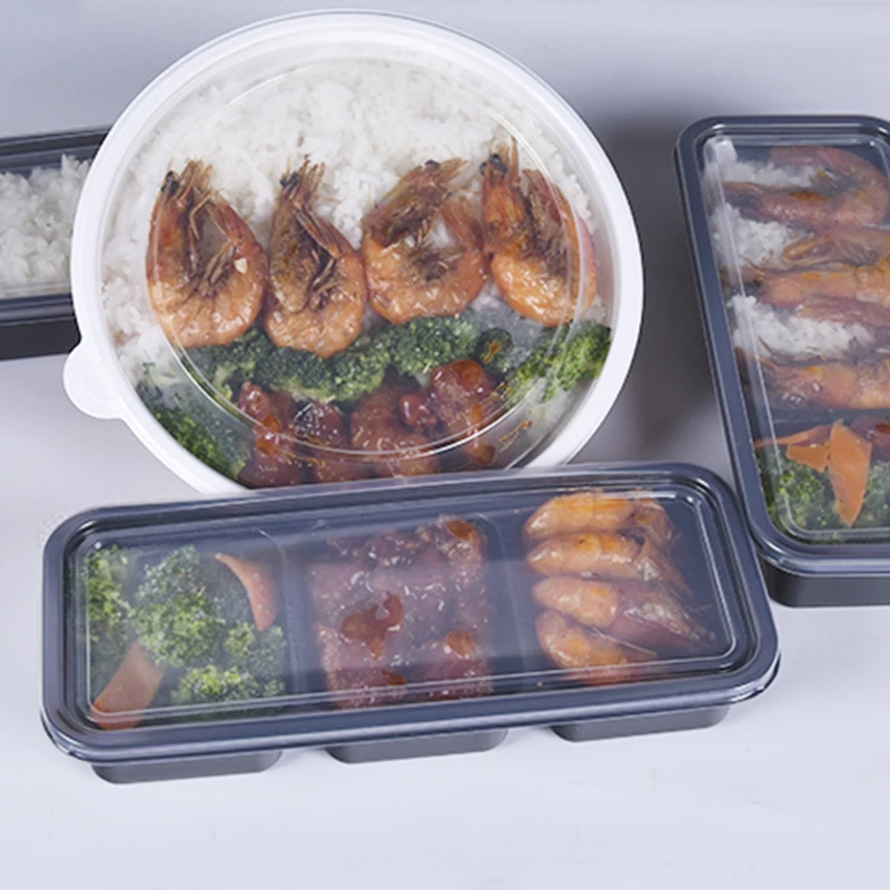 Japanese rectangular food container packaging takeaway bento lunch box 2 3 portion compartment black base containers with lids