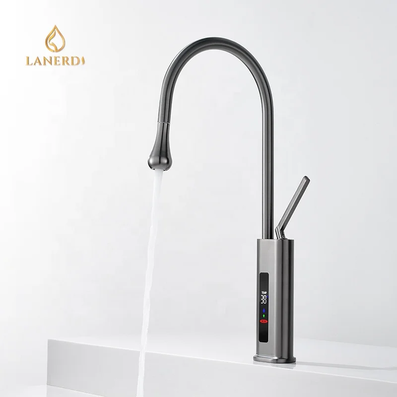 Droplet Spout Smart Temperature LED Display Brass Pull-down Kitchen Faucet with Single Handle Hot and Cold Function Kitchen Tap