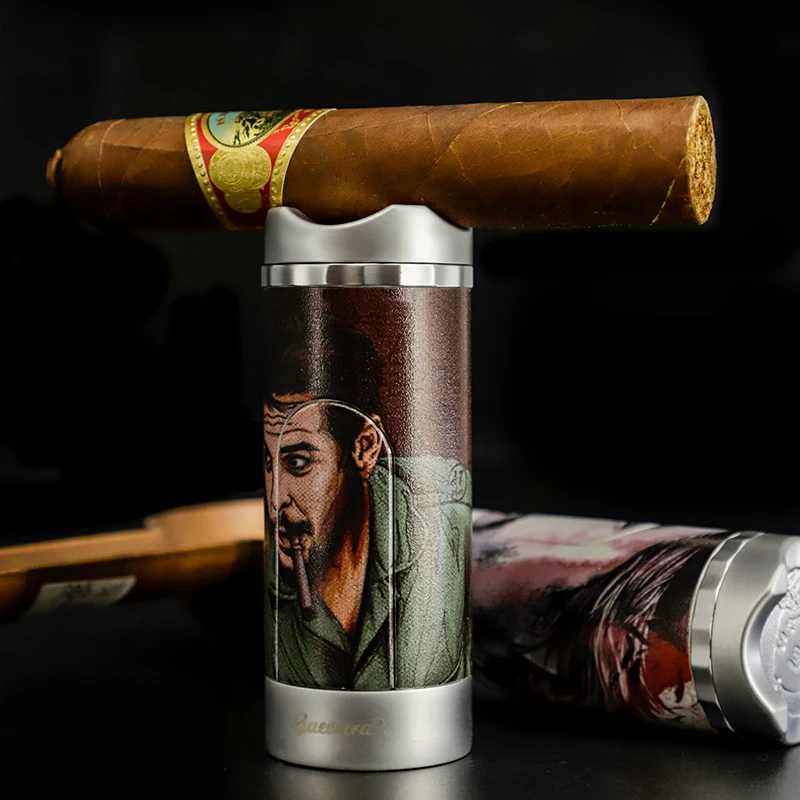 Guevara Fashion pattern gas jet flame refillable cigar lighter with puncher holder