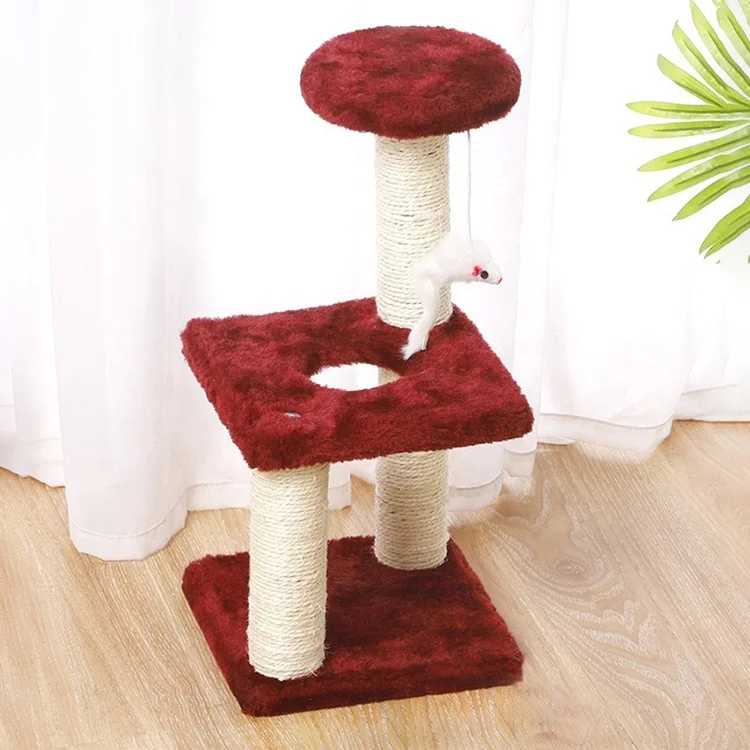 Multi-Level  Faux Fur Hemp Rope Sisal Wooden Cat Tree With Playing Mouse Toy
