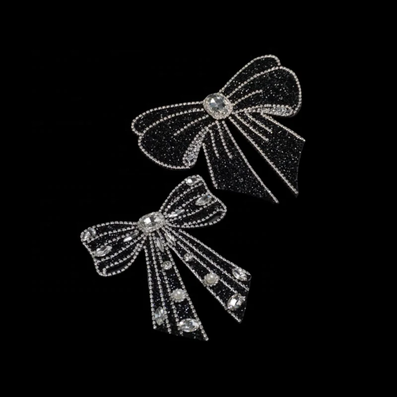 Wholesale silver color bow tie motif rhinestones beading patch bow tie rhinestone applique fabric