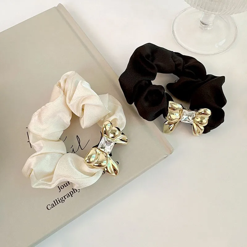 Golden Rhinestone Bows Satin Fabric Hair Scrunchies Elastic Hair Bands For Women Girls Ponytail Holder Hair Ties