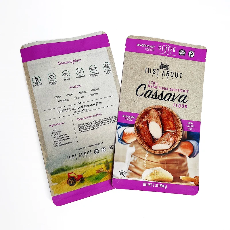 Eight sided sealing packaging plastic bags for food flat bottom child proof flour pouches